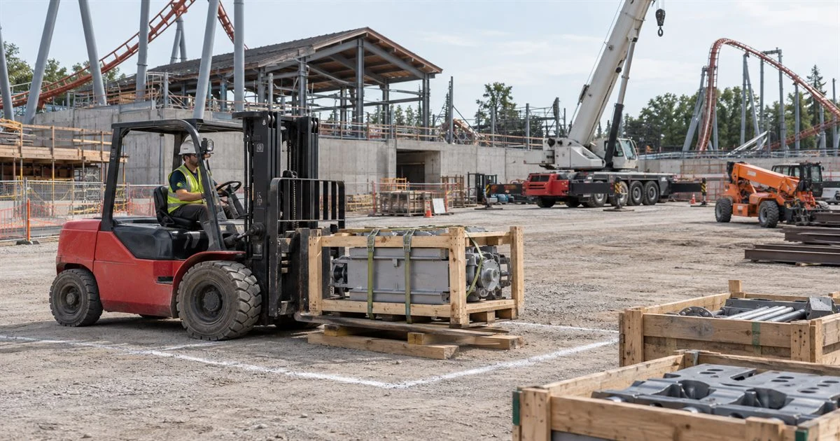 Équipement de manège pour chariots élévateurs à proximité d'une grue et d'un téléscripteur sur un chantier de construction de parc à thème