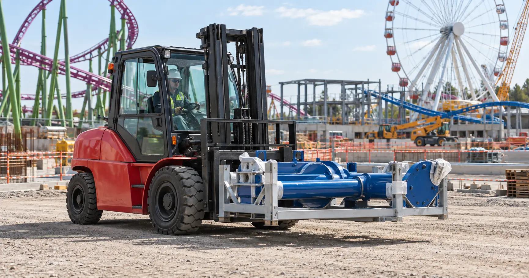 Héroe de la construcción de parques de atracciones con montacargas