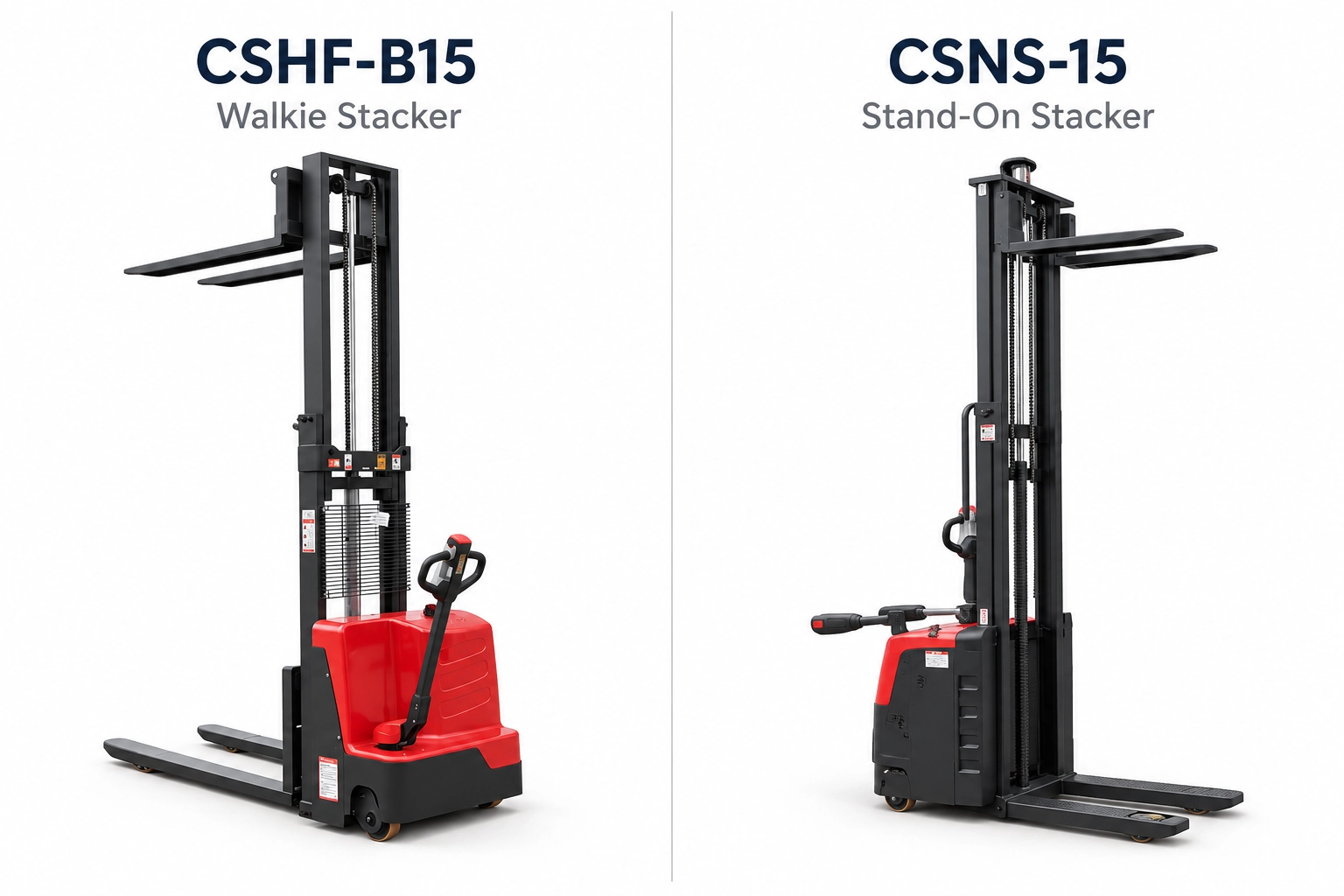 Comparación del apilador walkie CSHF-B15 y del apilador de pie CSNS-15