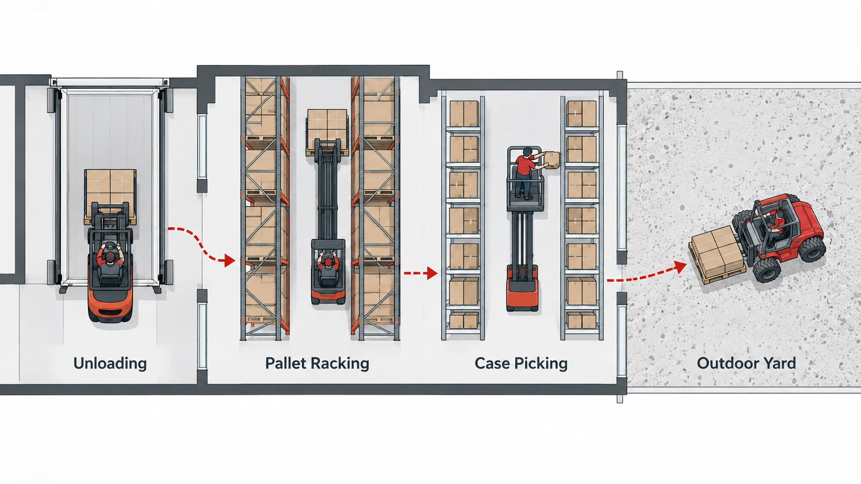 Diseño del almacén que muestra la descarga de montacargas, estanterías para paletas de carretillas retráctiles, recogida de cajas de recogida de pedidos y trabajos en el patio de montacargas en terrenos difíciles