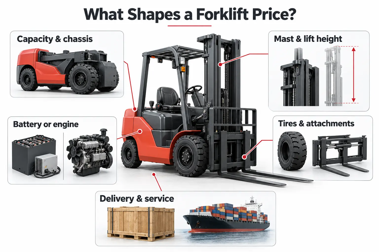 forklift price factors Forklift price factors including capacity, mast, power system, tires, attachments and delivery