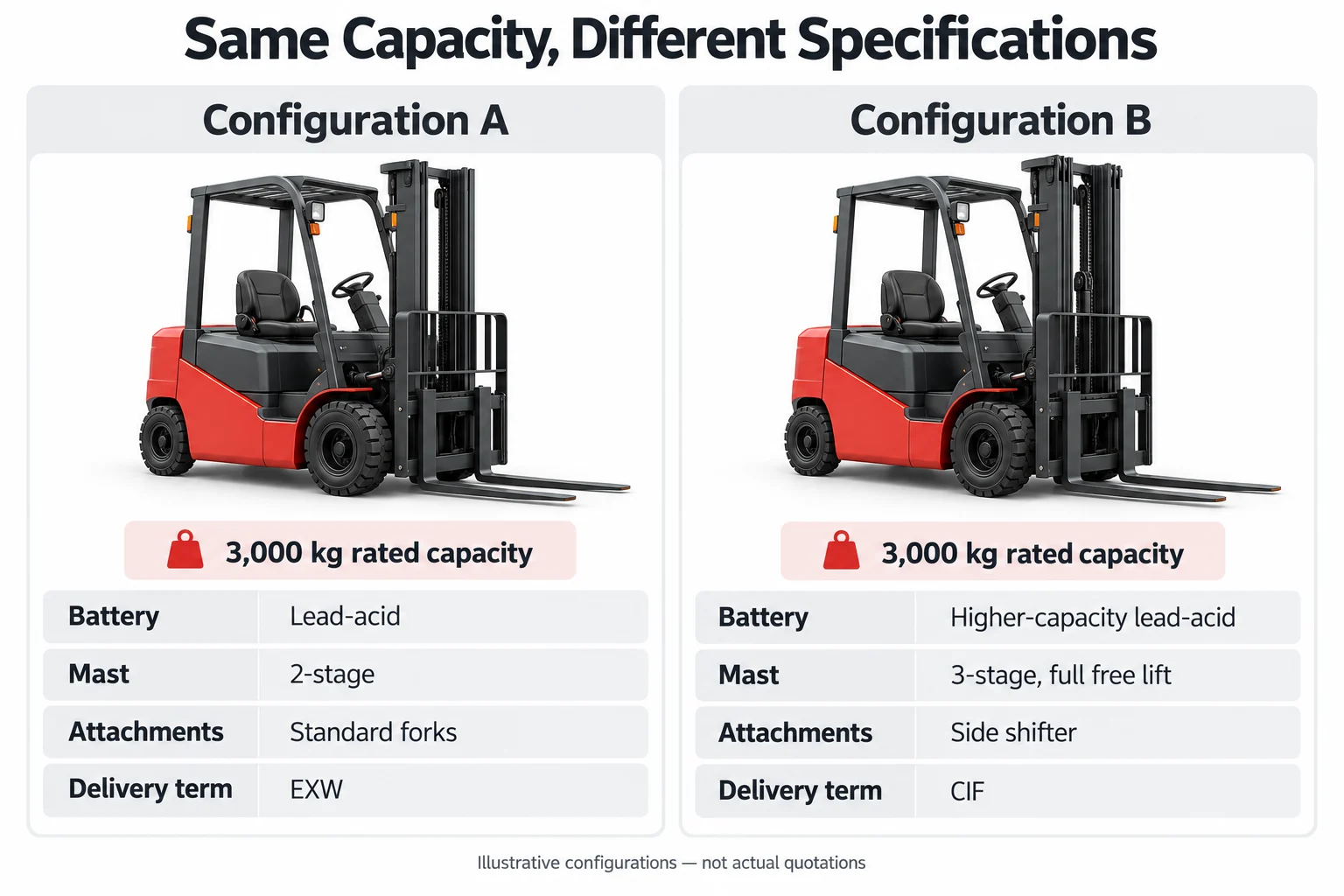 forklift quotation configuration comparison Illustrative comparison of two 3-ton electric forklift configurations with different batteries, masts, attachments and delivery terms