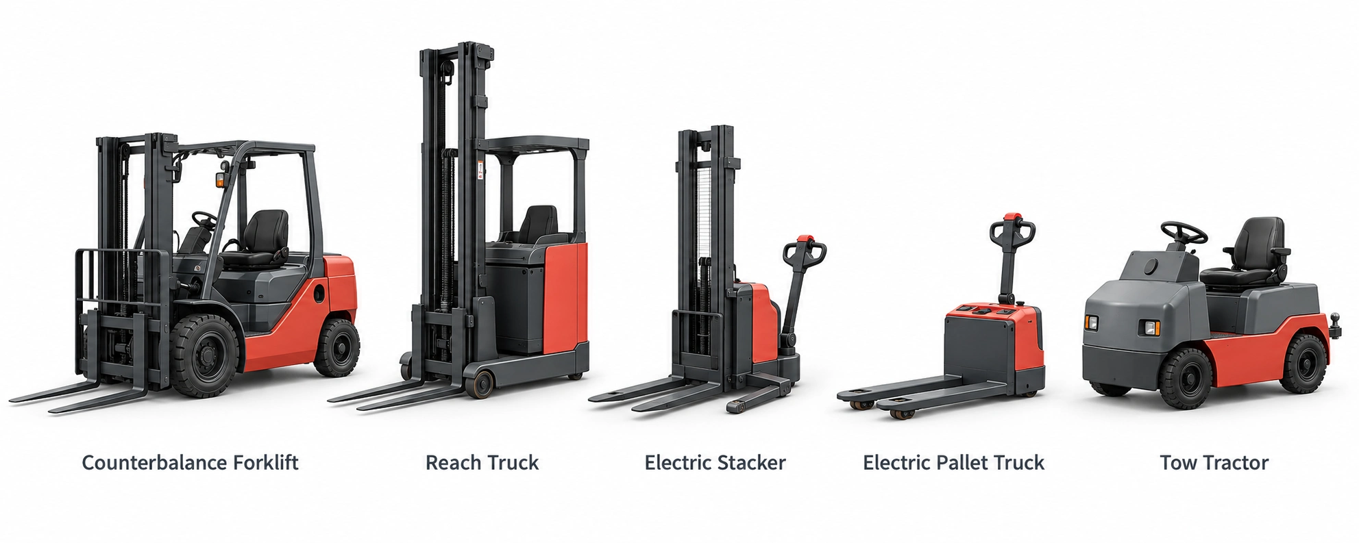 forklift warehouse equipment product families Counterbalance forklift, reach truck, electric stacker, electric pallet truck and tow tractor