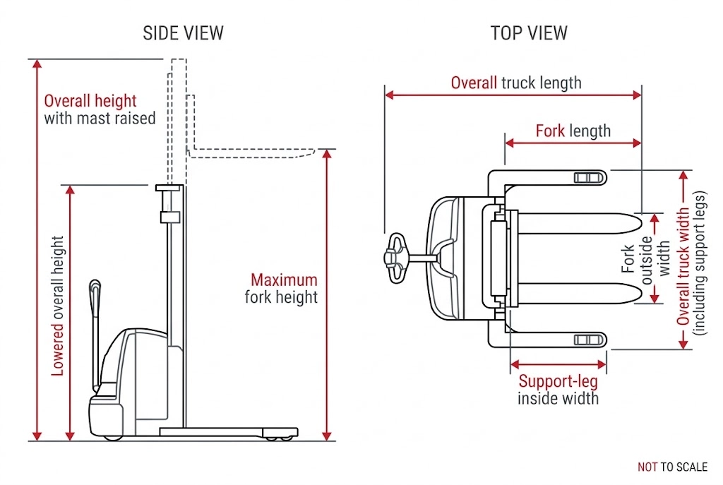 Not-to-scale side and top views of a generic support-leg pallet stacker, showing key height, length, width, fork and support-leg measurements.
